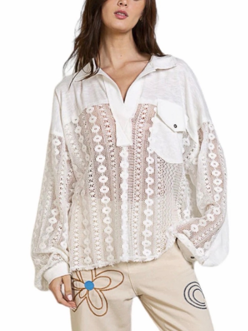 POL Clothing White Long Sleeve Lace Crochet sheer Knit Top M